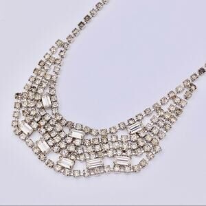 Mid Century Baguette and Round Rhinestone Sparkling Bib Style Choker Necklace